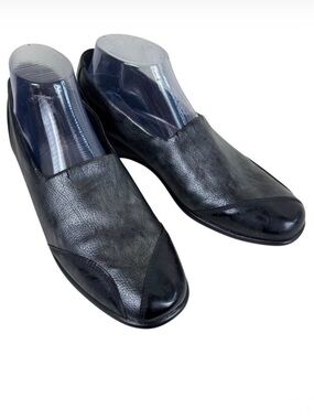 Munro Walking Wedge Black Pebbled & Patent Leather Slip On Low Heeled Size‎ 9